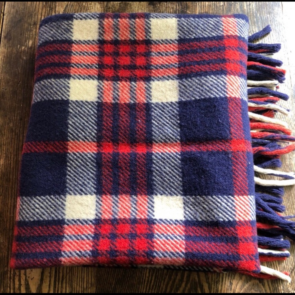 Vintage Michigan-made Blue and Red Plaid Wool Throw Blanket